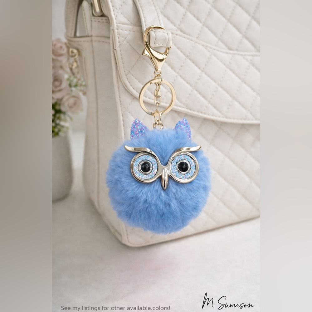Fluffy Owl Pom Keychain Charm Light Blue Gold